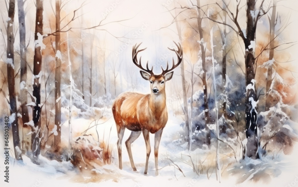 Watercolor winter background with deer Watercolor winter background with deer