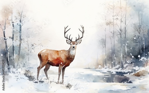 Watercolor winter background with deer © olegganko
