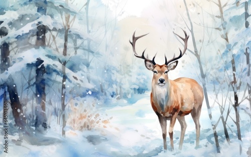 Watercolor winter background with deer © olegganko