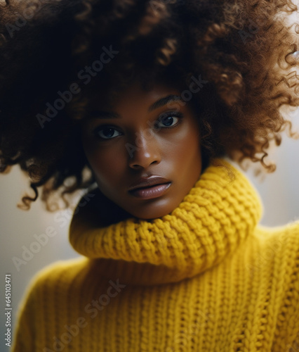 Beautiful young black woman in bright yellow knitwear sweater.
