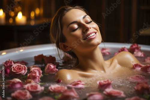 Beautiful woman having a bath with flowers in a spa