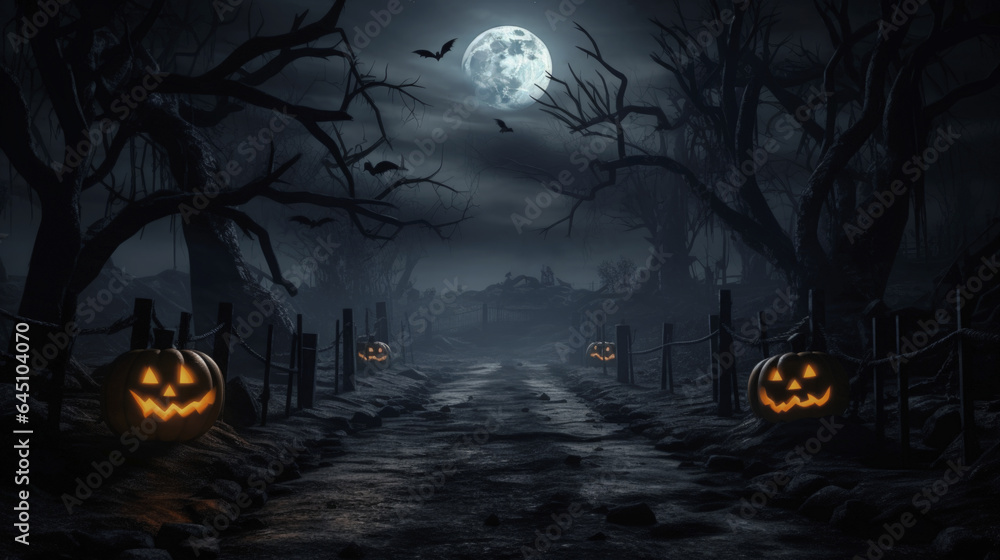 Graveyard cemetery in spooky scary dark Night full moon and dead trees. Holiday event halloween banner background.