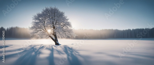 Winter wallpaper. Wide angle shot of a a tree standing alone on a snowy field against a blue frosty sky. Beautiful winter nature scene.  © Valeriy