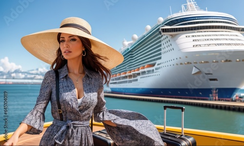 woman in dress and hat near cruise ship