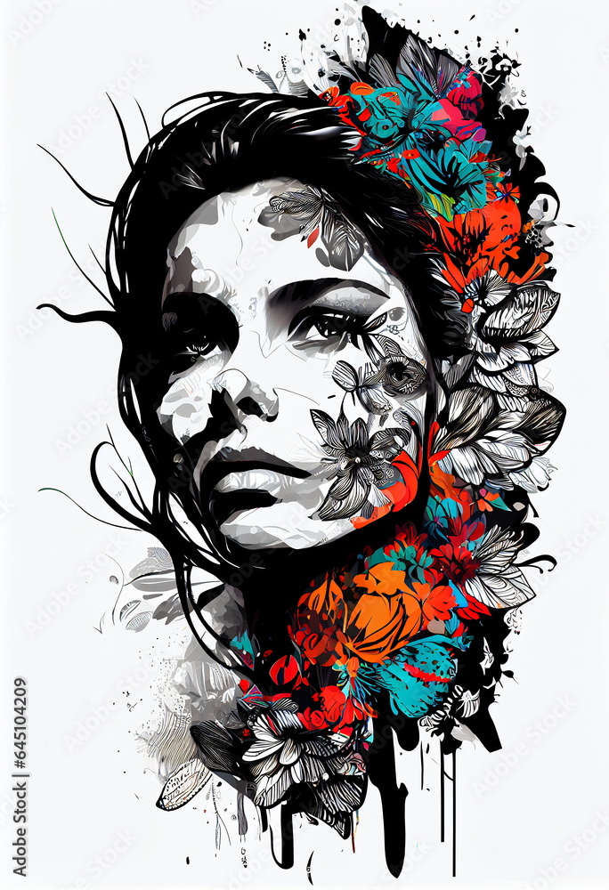 Fototapeta premium Abstract contemporary art collage portrait of a young woman with flowers on her head and hair