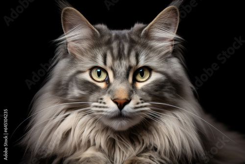 Close-up portrait of a Maine Coon cat looking at the camera, black background. © ekim