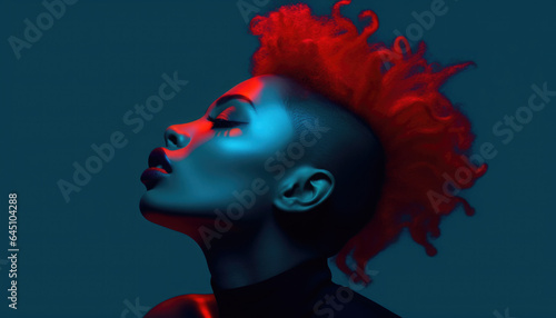 blue metallic portrait of a woman with red hair