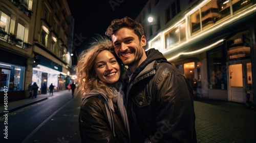 couple man and woman with urban city background at night