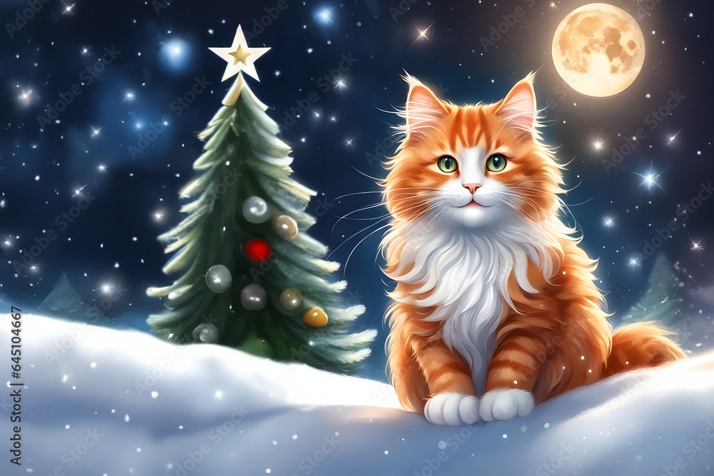 fluffy ginger cat on christmas winter background