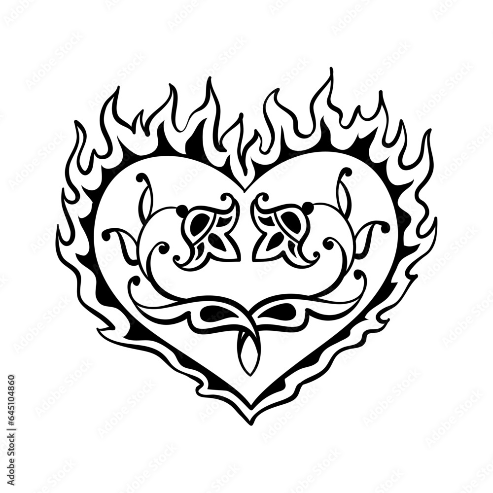 Fototapeta premium Vector black decorative heart on white background. Creative hand drawn heart for card design or tatoo