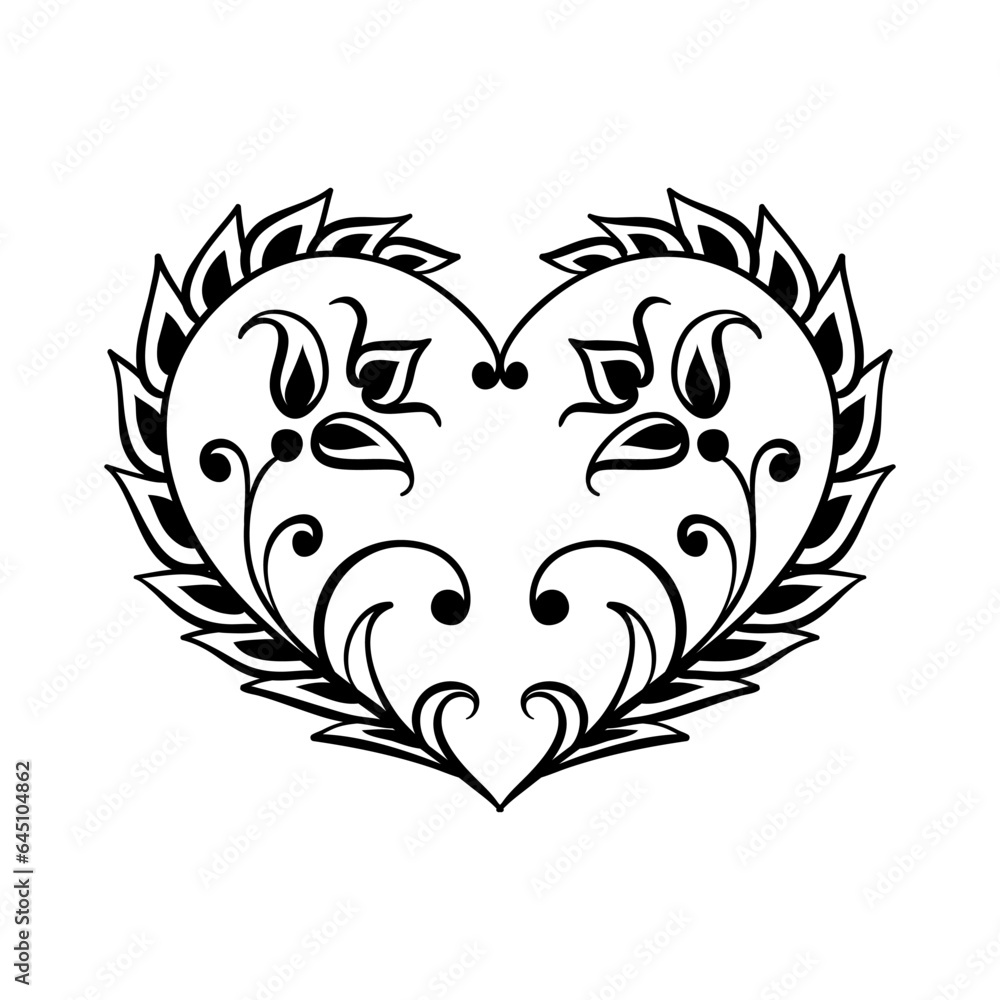 Vector black decorative heart on white background. Creative hand drawn heart for card design or tatoo Vector black decorative heart on white background. Creative hand drawn heart for card design or tatoo