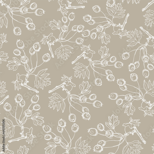 Seamless monochrome floral pattern with silhouetted branches of hawthorn tree. Hand drawn linear sketches.
