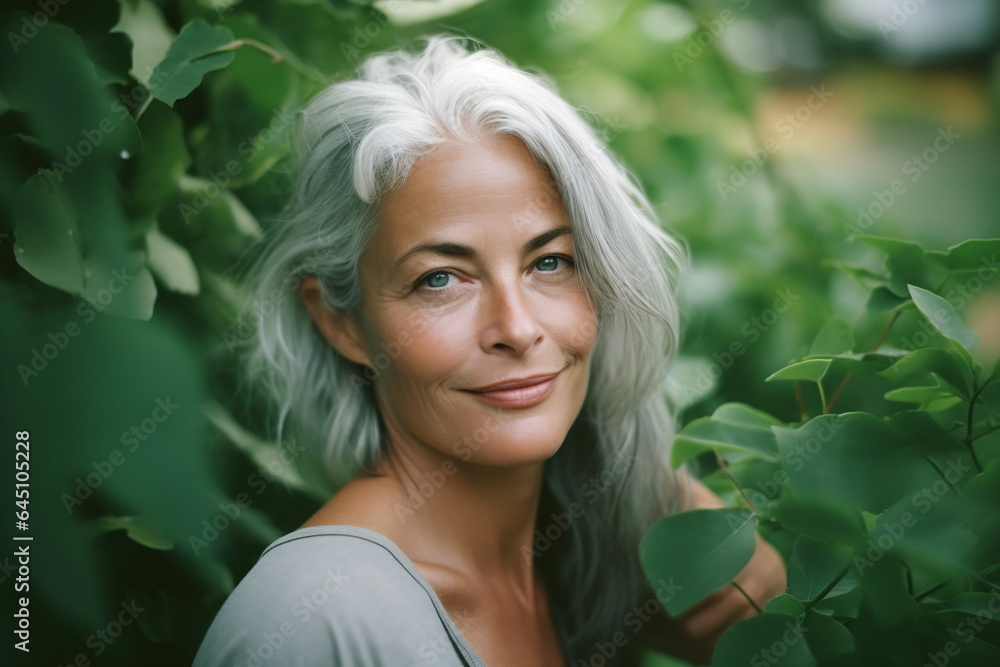 Smiling middle age grey-haired woman in outside. Autumn Smiling middle age grey-haired woman in outside. Autumn