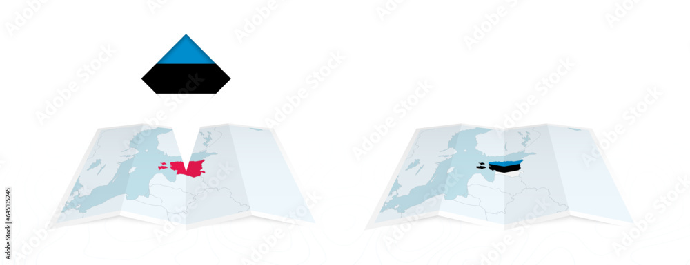 Two versions of an Estonia folded map, one with a pinned country flag ...