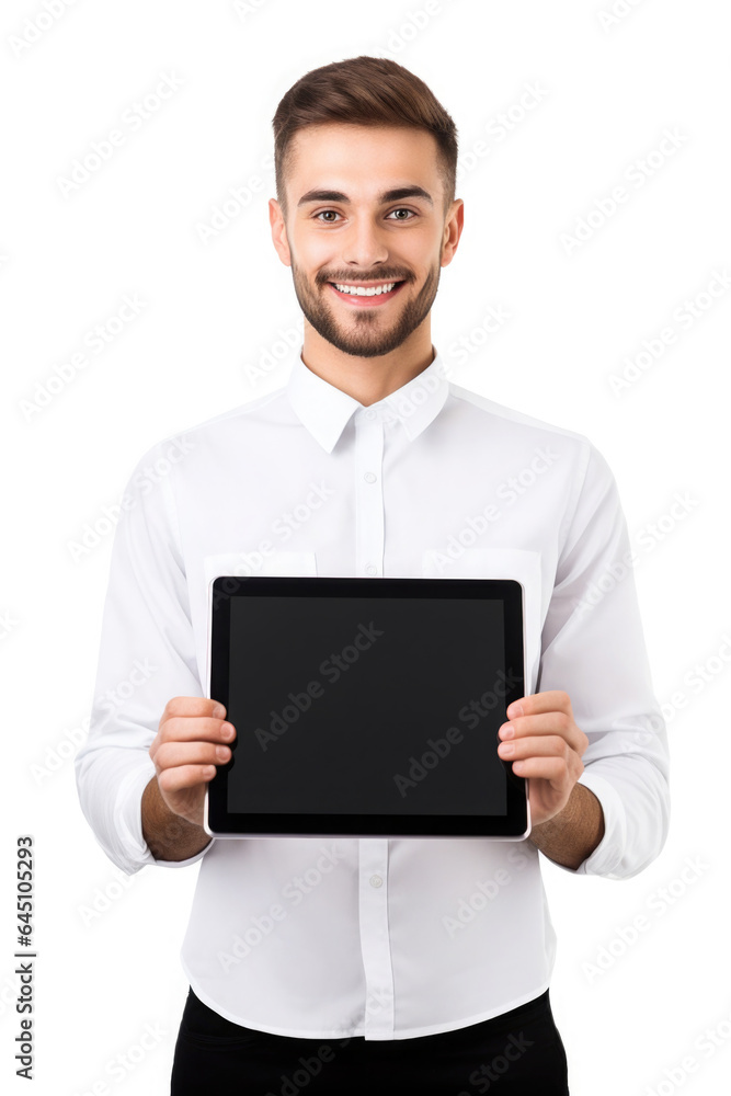 man on white background holding a black empty, blackboard man on white background holding a black empty, blackboard