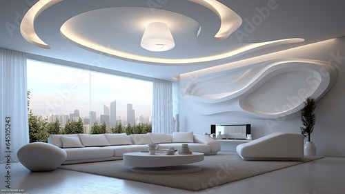 an empty room in an apartment or house, featuring an elegant white stretch ceiling with intricate shapes and integrated lighting. The complex ceiling design adds a touch of sophistication to the room. © lililia