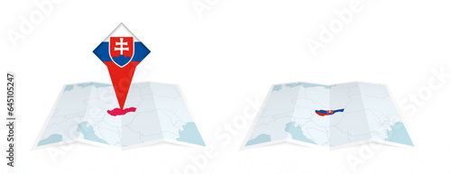 Two versions of an Slovakia folded map, one with a pinned country flag and one with a flag in the map contour. Template for both print and online design. © boldg