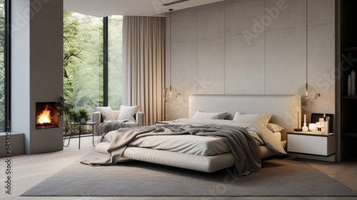 the interior of a stylish bedroom with minimalist design elements. The room features a contemporary lamp, indoor plants, and a sleek fireplace, creating an atmosphere of relaxation and sophistication.
