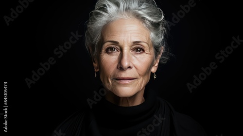 a mature, confident woman with gray hair, gazing confidently at the camera against a studio backdrop. The composition emphasizes her inner strength and resilience, with space for meaningful text.