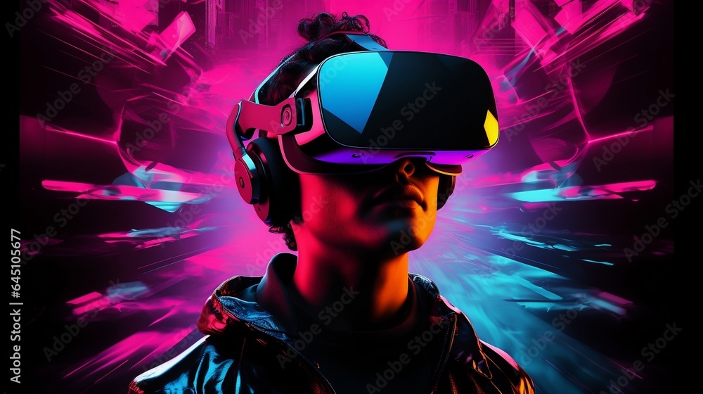 Man with VR glasses in neon space, cyberpunk Man with VR glasses in neon space, cyberpunk