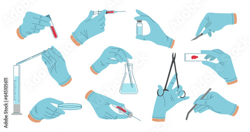 A set of illustrations of medical manipulations, tests. Hands in medical gloves, medical instruments, test tubes, bottle, syringe, flask, scalpel, tweezers, injections. Vector illustration.