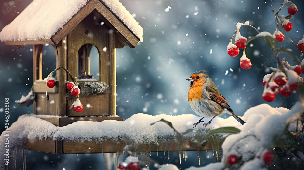 Naklejka premium a charming little garden bird perched at a bird feeder, surrounded by a snowy garden landscape. The scene conveys the resilience and beauty of nature in winter.