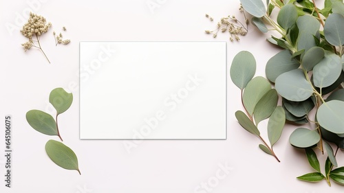 a blank invitation card and greeting card set amidst lush eucalyptus leaves, artfully arranged for a flat lay shot. The composition embodies the harmony of nature and design.