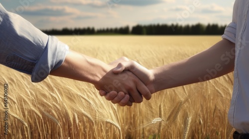 Close up of handshake of two men in shirts against the background of a wheat field