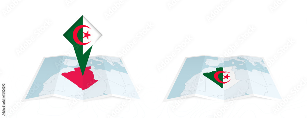Two versions of an Algeria folded map, one with a pinned country flag and one with a flag in the map contour. Template for both print and online design. Two versions of an Algeria folded map, one with a pinned country flag and one with a flag in the map contour. Template for both print and online design.