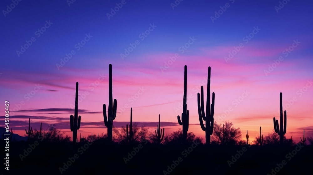 Silhouettes of cacti at sunset. Generative AI