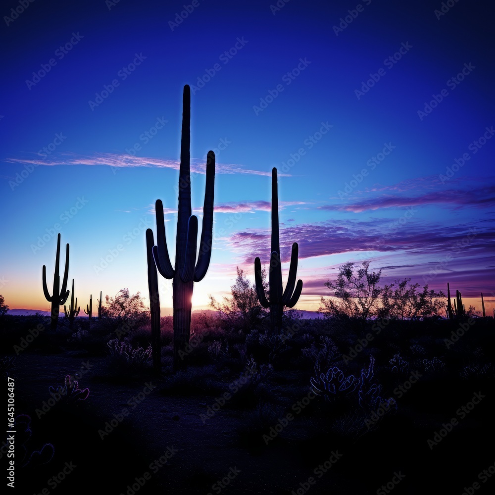 Silhouettes of cacti at sunset. Generative AI