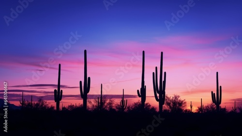 Silhouettes of cacti at sunset. Generative AI © BraveSpirit