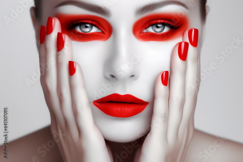 Beautiful woman with vivid red makeup. Fashion model. Red color palette