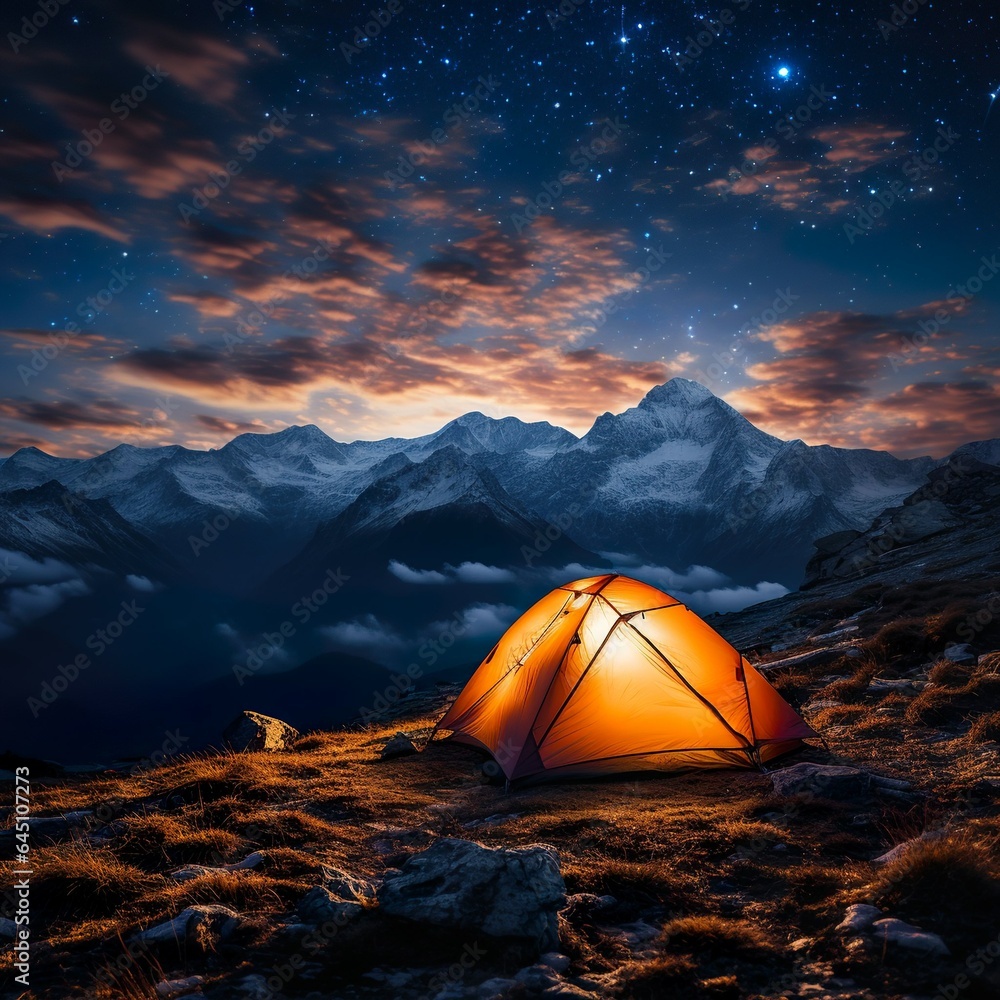 a tent pitched in the mountains and a clear starry sky above it