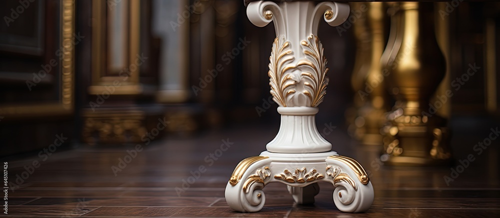 Carved table leg with classic style, white and gold tree, patina, luxurious furniture. Carved table leg with classic style, white and gold tree, patina, luxurious furniture.