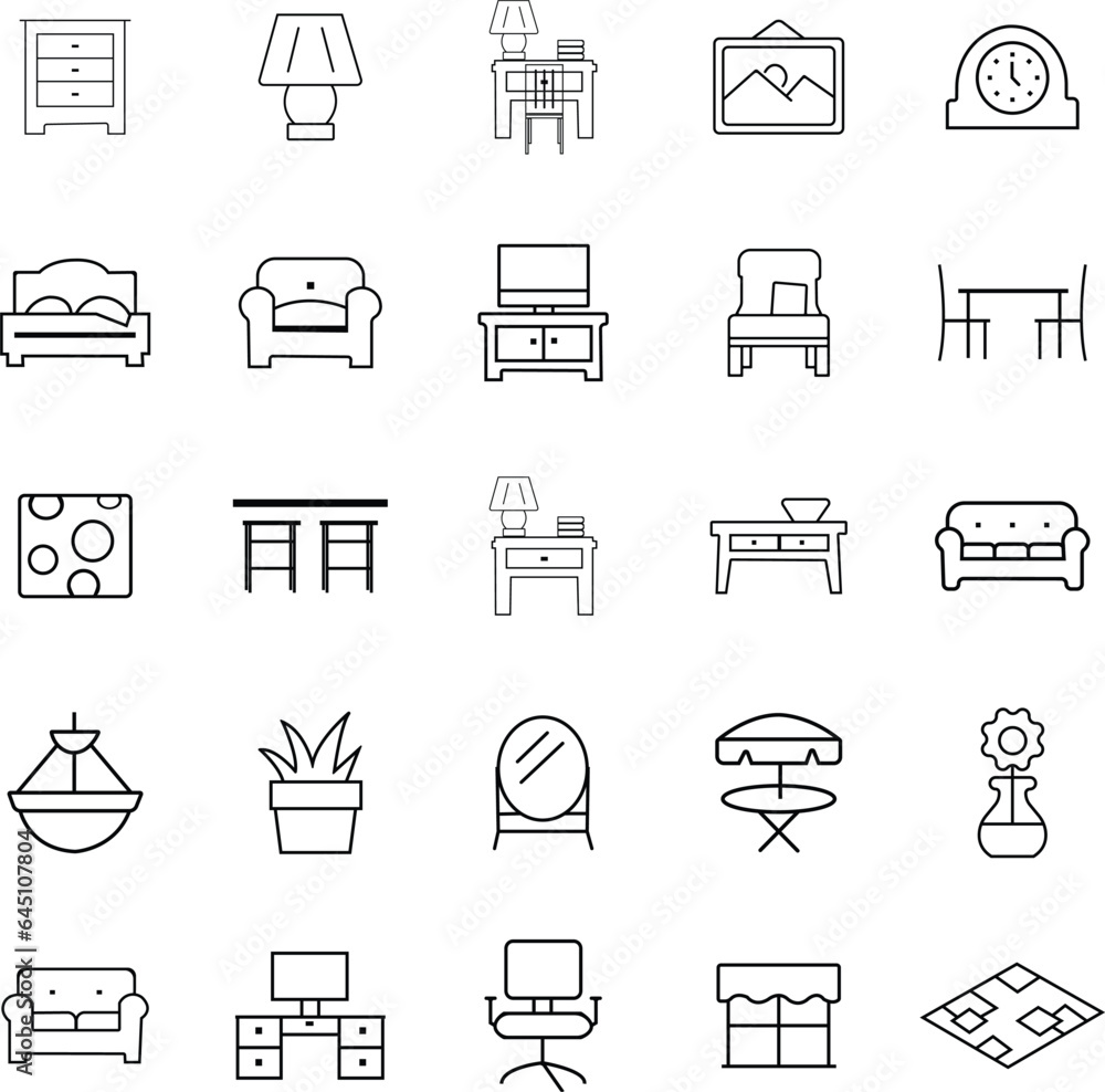 Furniture line icons set. isolated on transparent background Kitchen, bedroom, sofa table, bookcase chair, mattress, lamps, ladder Outline sign of house interior, editable on apps and website