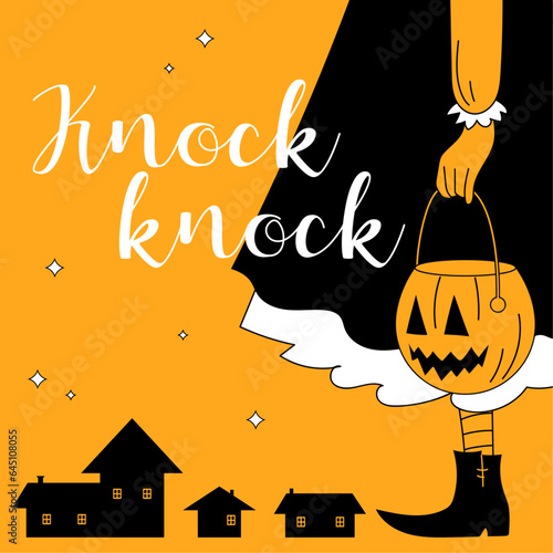 Vector Halloween orange, black and white colors. Halloween poster with a Knock knock inscription, giant girl dressed like a witch and small houses below.