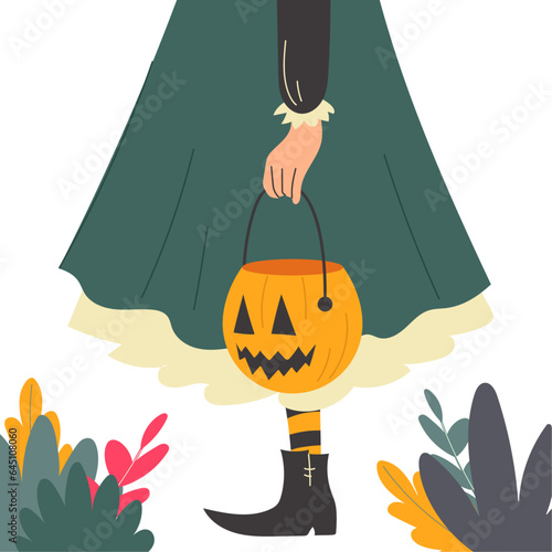 Vector Halloween illustration with a girls silhouette dressed as a witch and holding a jack o lantern. Girl trick or treating.