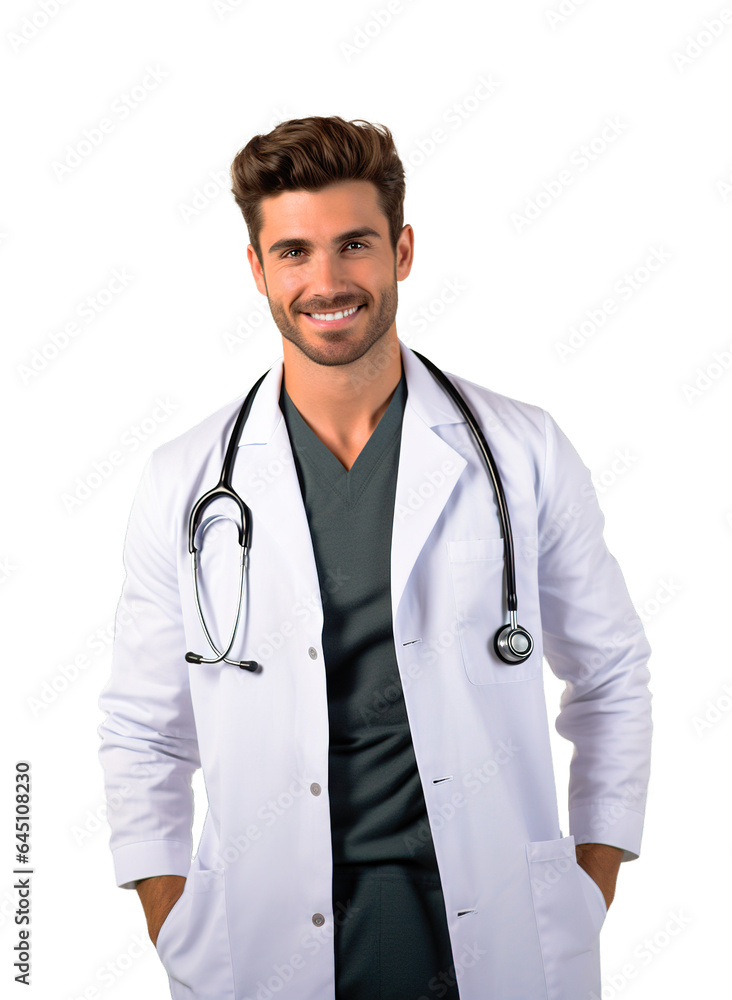Handsome doctor posing with medical gown and stethoscope. Isolated white background - obrazy, fototapety, plakaty 