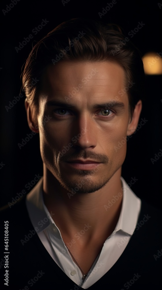 Obraz premium Handsome man with a nice hairstyle on a dark background. Generative AI