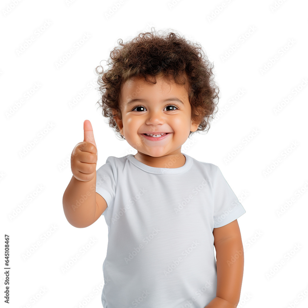 Latin American smiley baby wearing plain white t-shirt and doing thumbs up. Isolated transparent and white background Latin American smiley baby wearing plain white t-shirt and doing thumbs up. Isolated transparent and white background
