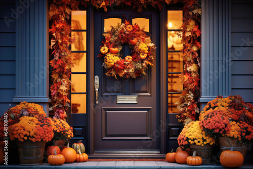 Entry Door With an Autumn Decorations: Wreath for Thanksgiving Day and Pumpkins Around