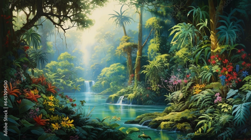 a pristine, emerald-green river winding through a lush rainforest, with vibrant birds and exotic flora, creating a vivid natural tapestry