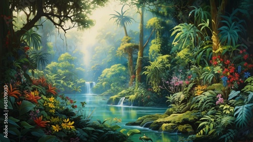 a pristine  emerald-green river winding through a lush rainforest  with vibrant birds and exotic flora  creating a vivid natural tapestry