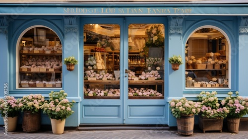 a quaint European bakery storefront, with a charming blue facade, flower boxes, and a handwritten menu board showcasing daily delights