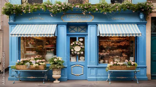 a quaint European bakery storefront, with a charming blue facade, flower boxes, and a handwritten menu board showcasing daily delights