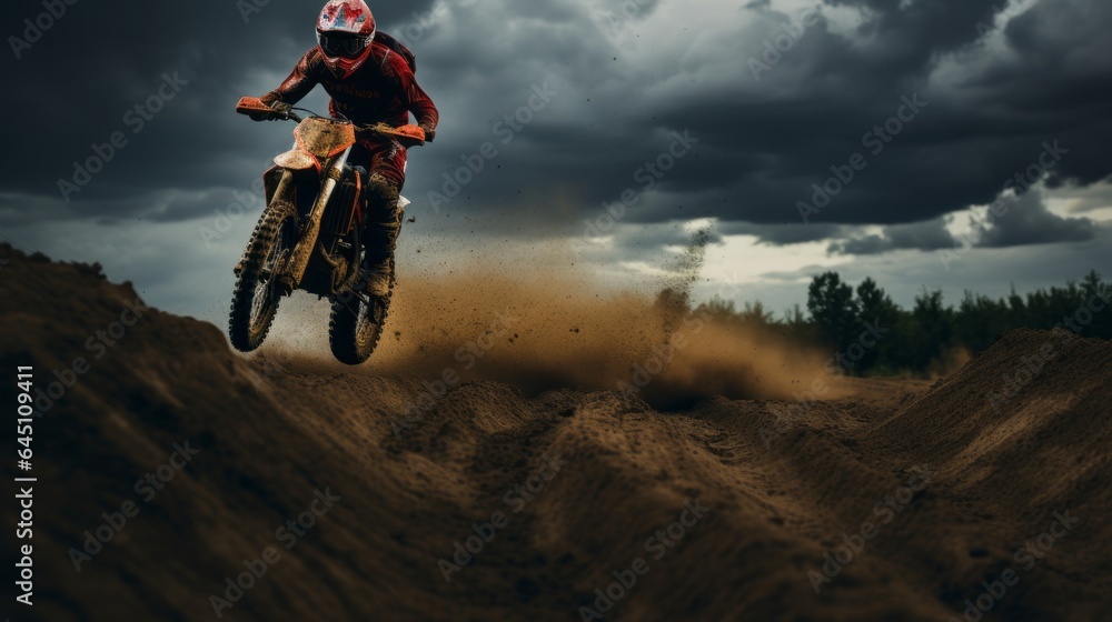 Naklejka premium Extreme Sports in Nature:a person riding a orange motorcycle in the track