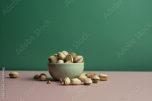 Pistachio nuts in bowl on wooden table against green background