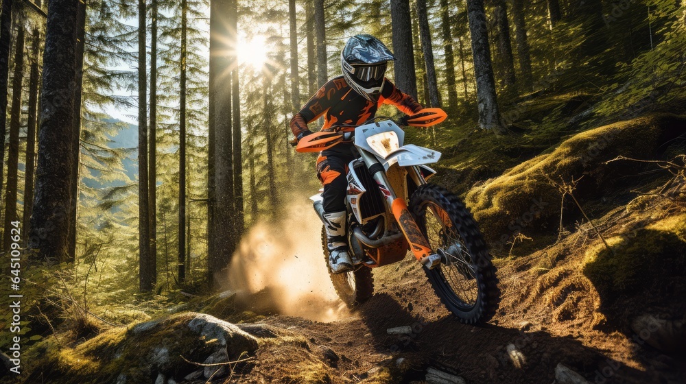 Extreme Sports in Nature:a person riding a orange motorcycle in the forest.