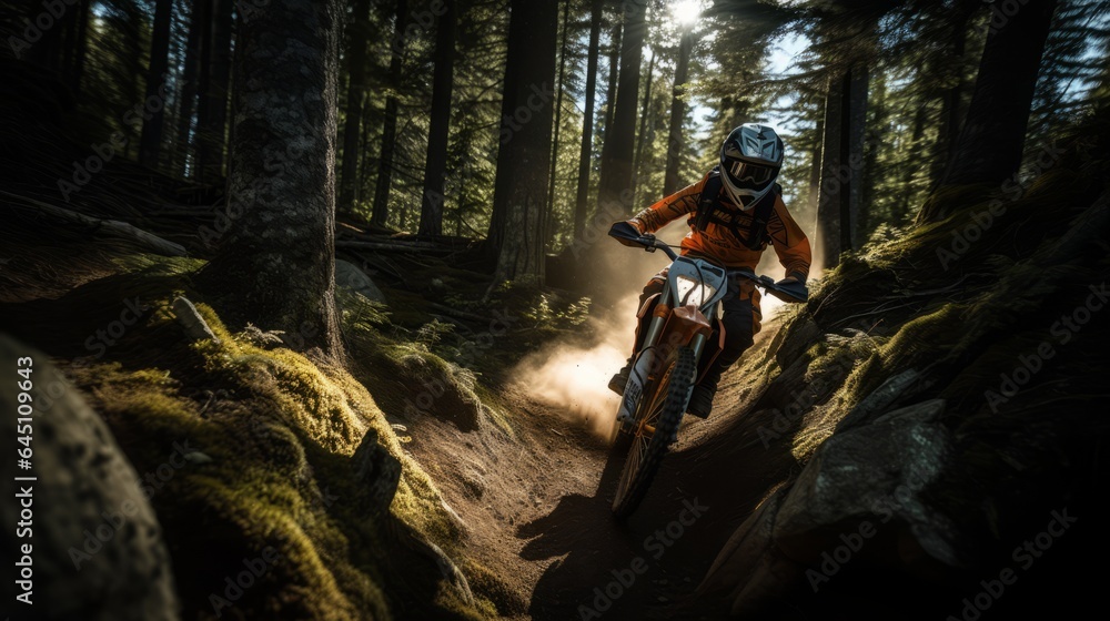 Obraz premium Extreme Sports in Nature:a person riding a orange motorcycle in the forest.